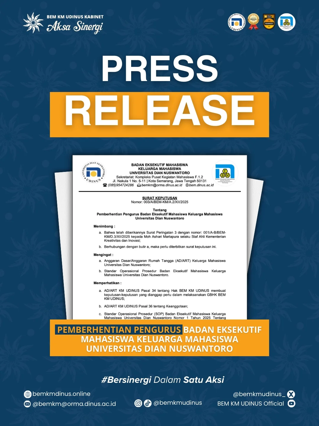 Press Release Pemberhentian Anggota BEMKM UDINUS